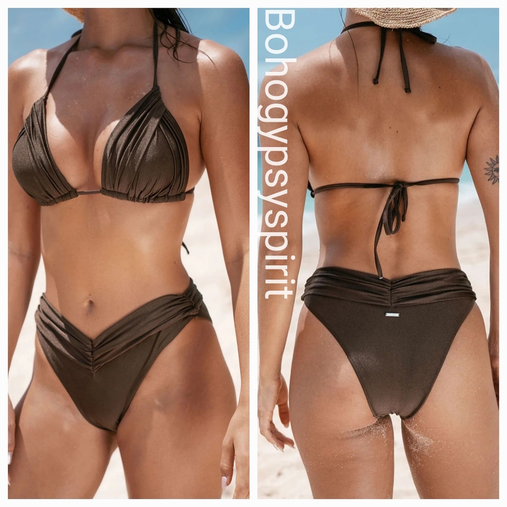 NWT $76 Berlook Dark Coffee Brown Ruched Bikini Set, Large